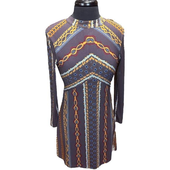 Free People Stella Aztec Boho Retro Pattern Long Sleeve Mini Dress Small NWOT - Picture 2 of 8